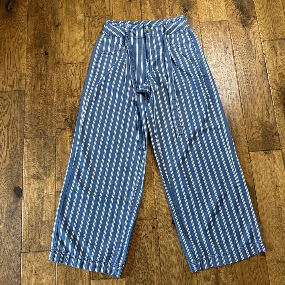 American Eagle Chambray Hi Rise Wide Leg Striped Pant Tie Waist Womens Size 0
